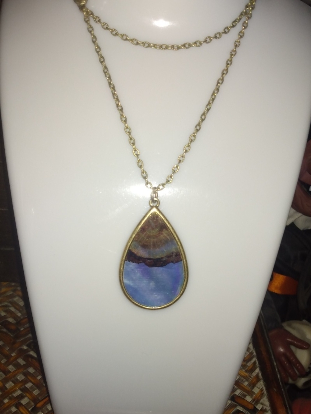 Gold Teardrop Blue Stone Pendant Necklace -abalone Women Jewelry